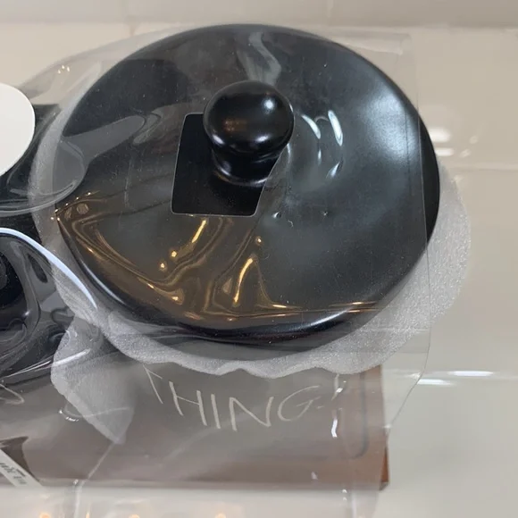 NWT Rae Dunn BRUSHES & THINGS brush holder and canister with lid black on wood - Picture 4 of 5